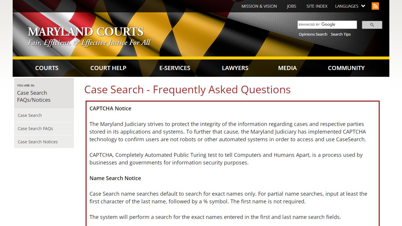 Case Search - Frequently Asked Questions | Maryland Courts